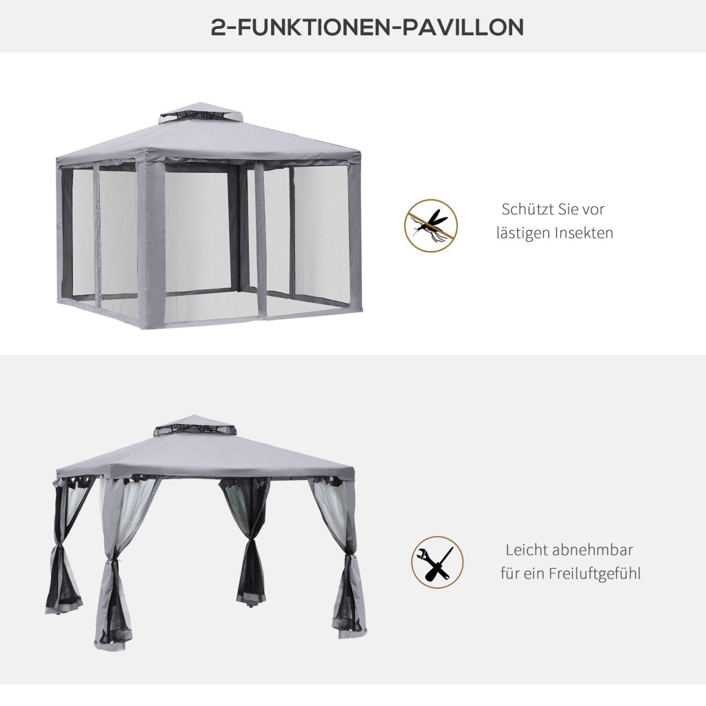 Gazebo 294 × 294 × 265 cm con 4 pareti in rete; doppio tetto in poliestere e struttura in metallo grigio antracite