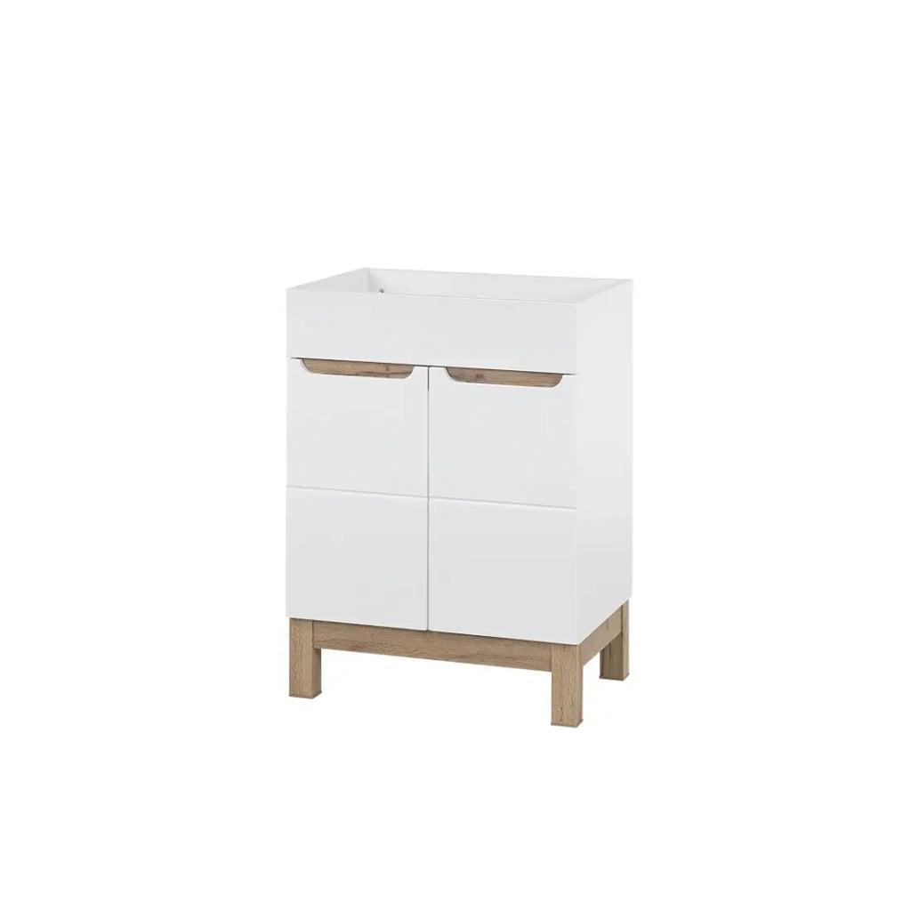 Mobile sottolavabo ERMANO - Rovere chiaro e bianco lucido - 60x84 cm - 1 porta - Da appoggio