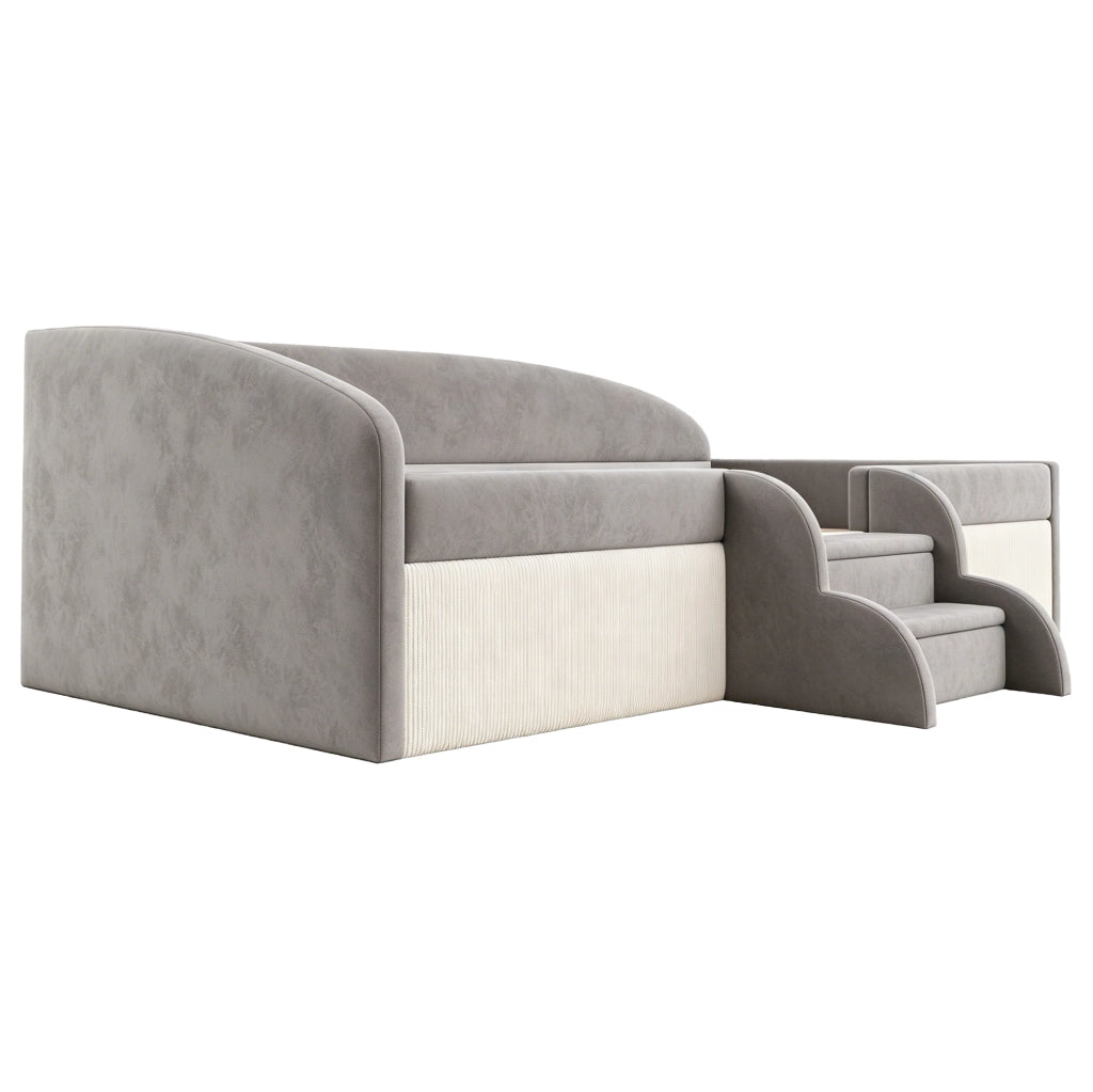 Letto imbottito per bambini 90x190 cm in tessuto vellutato anallergico con scale antiscivolo e protezioni laterali grigio
