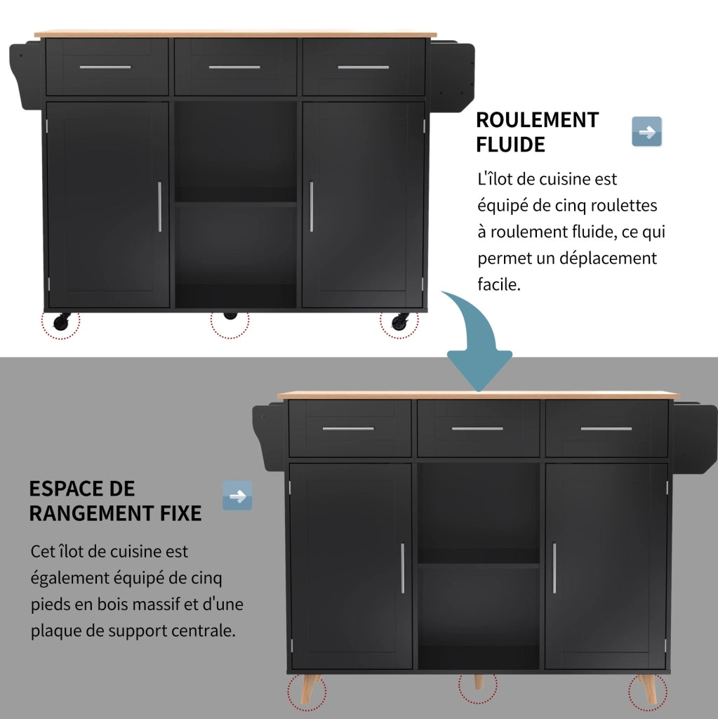 Carrello da cucina 139 x 46 x 91,5 cm nero effetto legno, piano ribaltabile, ruote