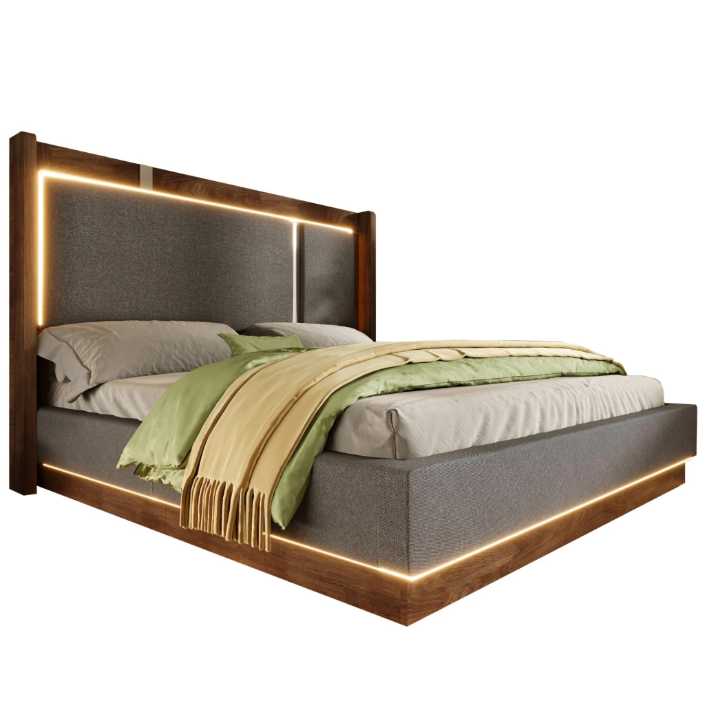 Letto imbottito 140x190 cm con LED e contenitore idraulico in lino grigio e noce