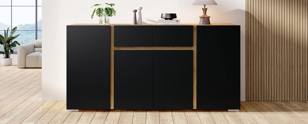Sideboard in MDF 140x35x70 cm con 4 porte e 2 cassetti, design moderno nero e legno naturale