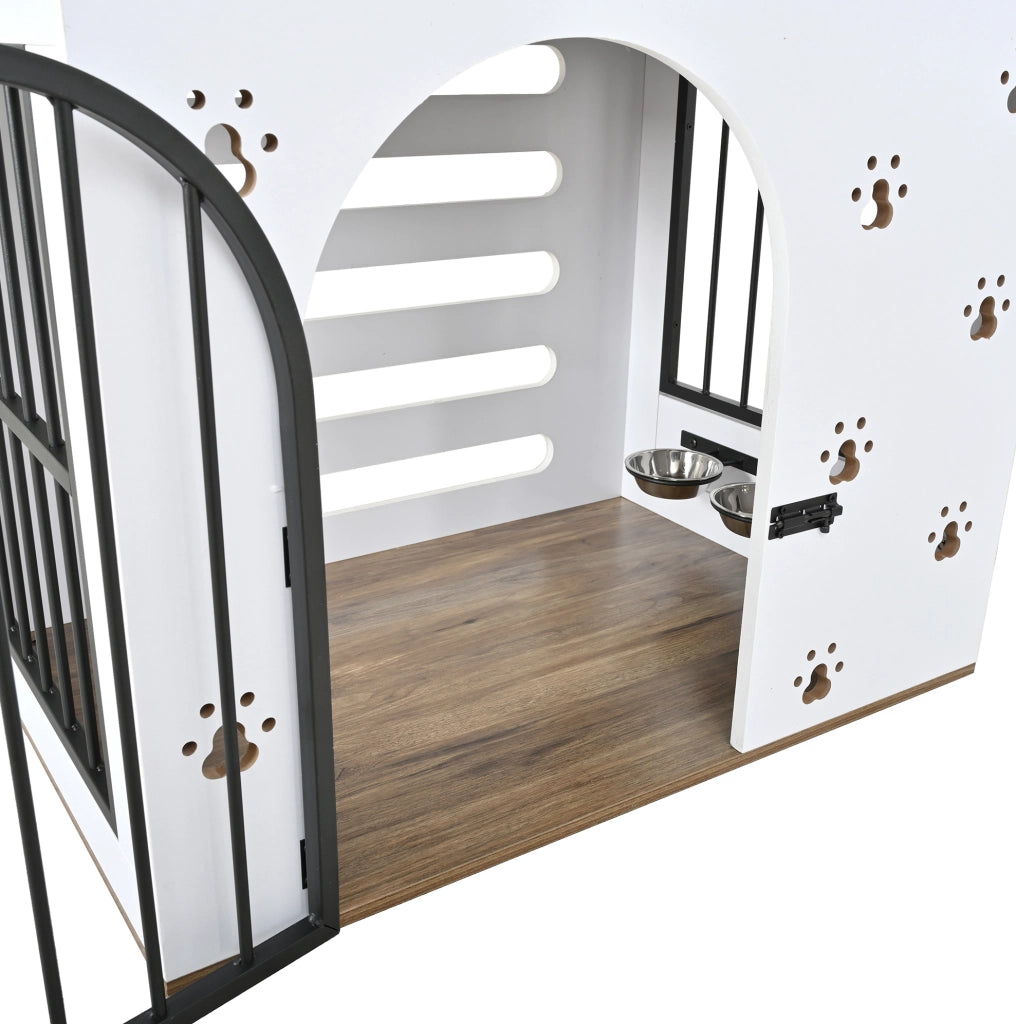 Gabbia per cani con ciotole, bianco e rovere chiaro in MDF e metallo