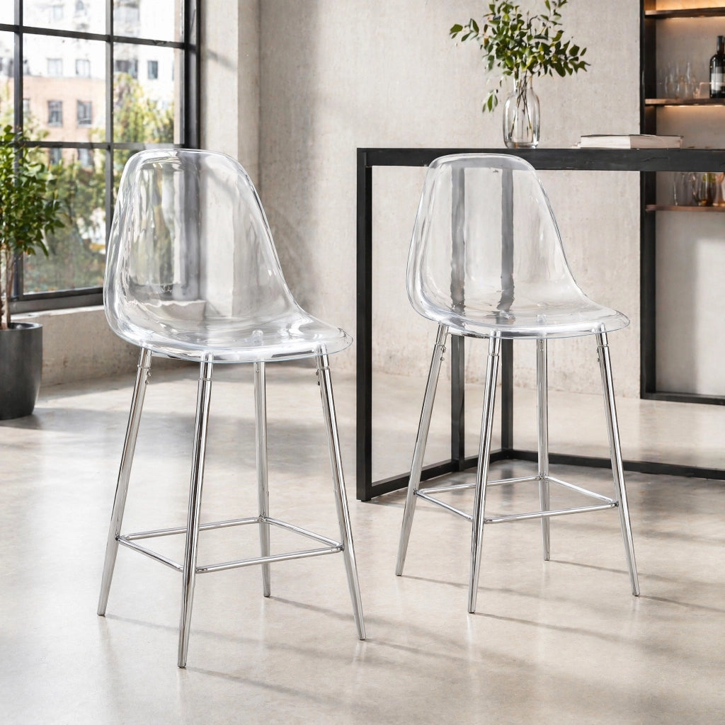 Set 2 sgabelli da bar trasparenti con struttura in metallo argento HOMVRA