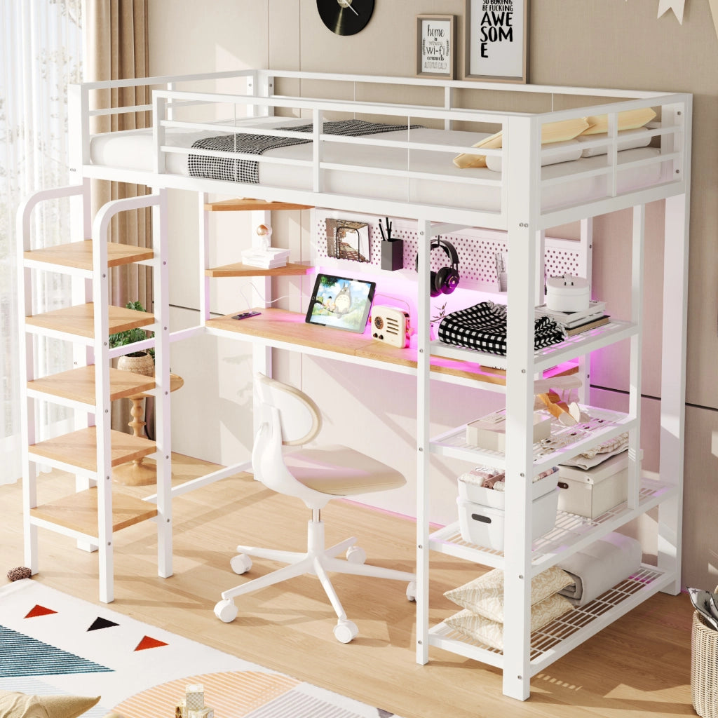 Letto a soppalco in metallo con pannello forato, scrivania, LED e scala, 90x200 cm, bianco