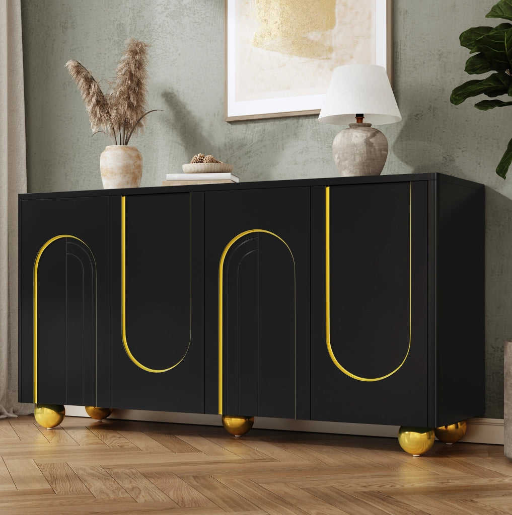 Sideboard 4 ante nero con decoro dorato, 140x40x74 cm