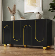Sideboard 4 ante nero con decoro dorato, 140x40x74 cm