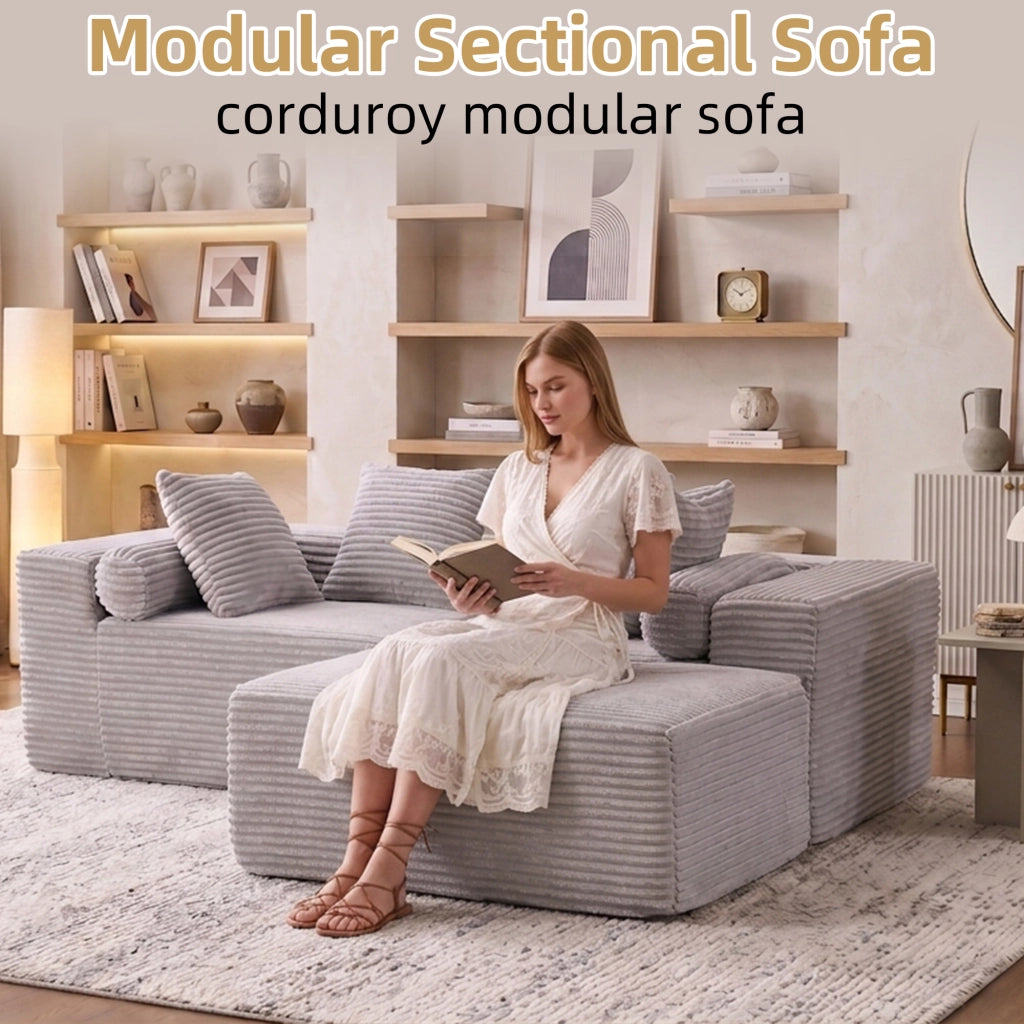 Divano modulare con chaise longue - componibile e senza braccioli - grigio in schiuma e molle