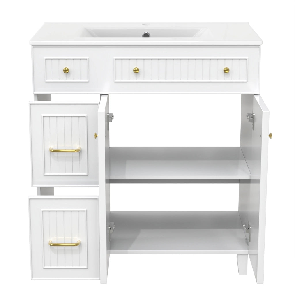 Mobile Bagno a Terra 81;7 cm con Lavabo in Ceramica; Cassetti e Anta; MDF; Bianco