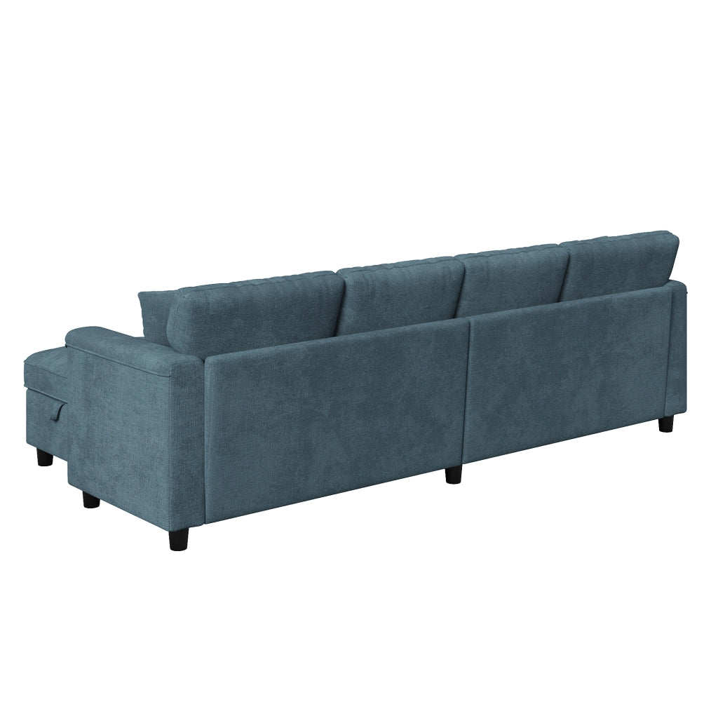 Divano modulare a 6 posti in ciniglia blu con 2 pouf contenitore e ricarica USB Type-C 82 × 261 × 134 cm