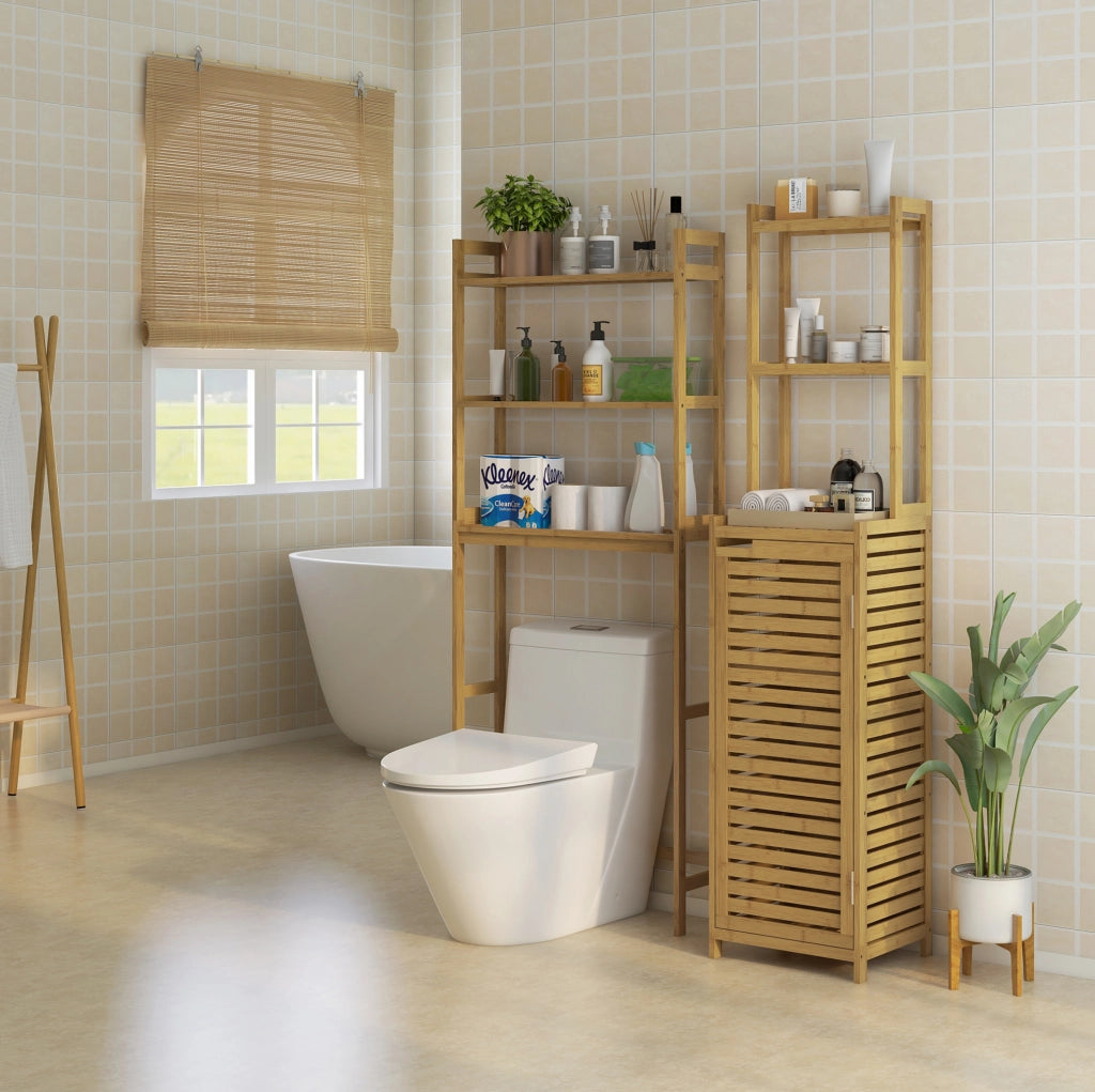 Scaffale salvaspazio sopra WC in bambù con 3 ripiani