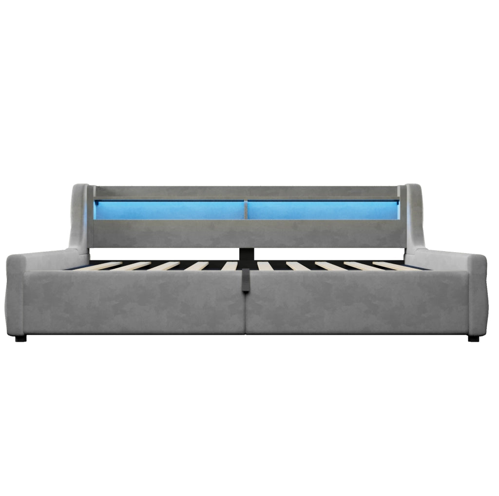 Letto imbottito grigio 140 x 200 cm con vano contenitore e testiera LED