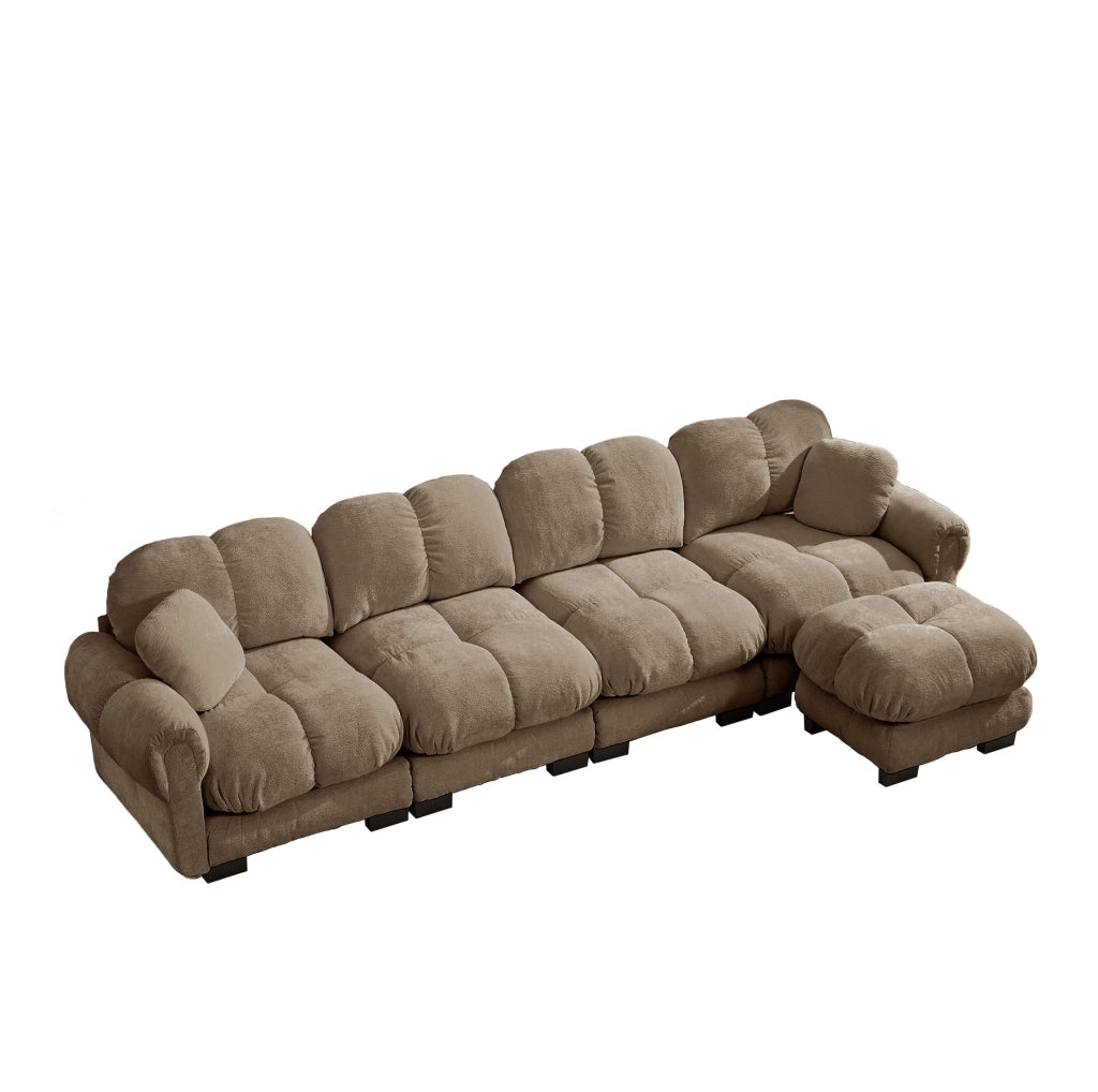 Divano modulare angolare ULEVR 330x149 cm in ciniglia marrone con pouf mobile e cuscino supplementare
