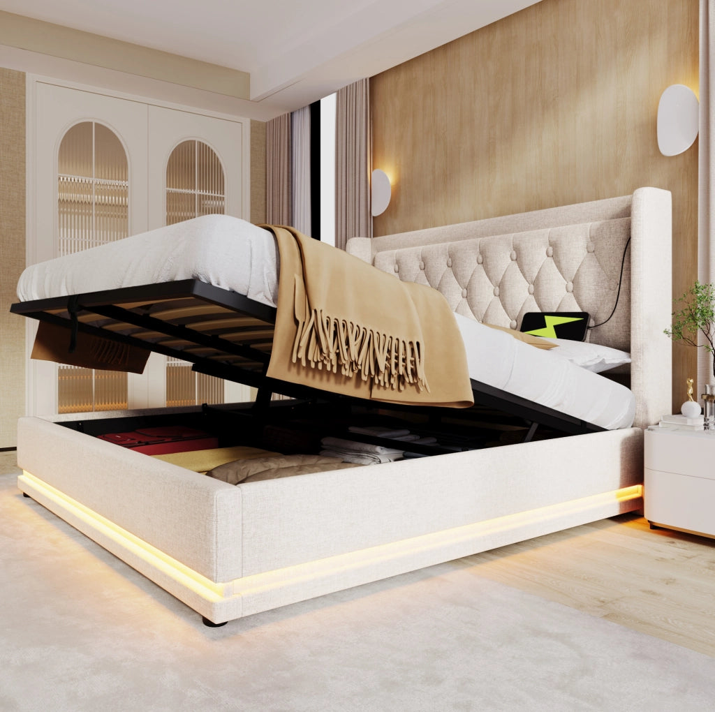 Letto contenitore beige 140 x 200 cm con LED, ricarica USB e Tipo-C
