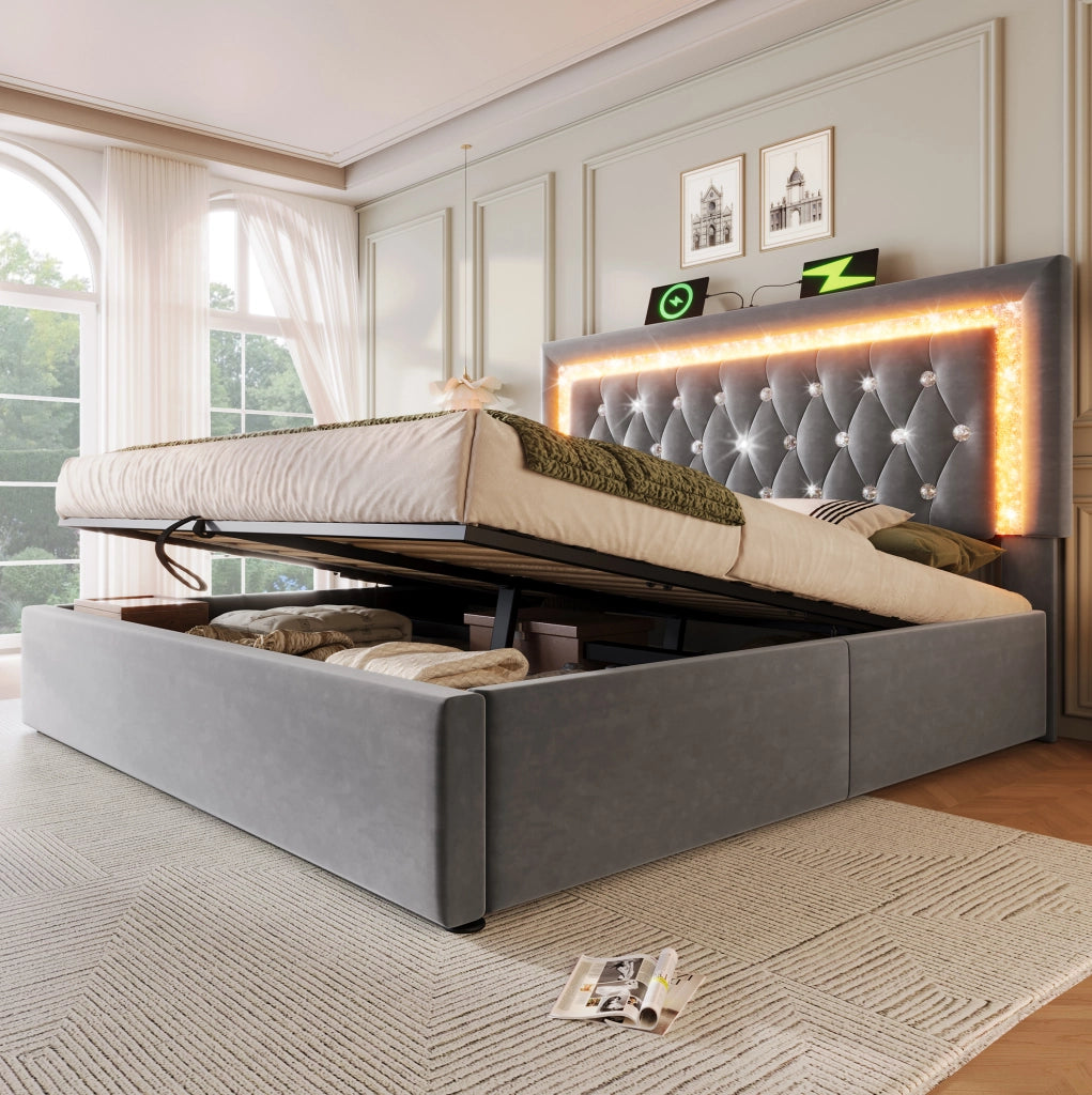 Letto matrimoniale imbottito con contenitore; LED; USB e Type-C; 140x200 cm; grigio