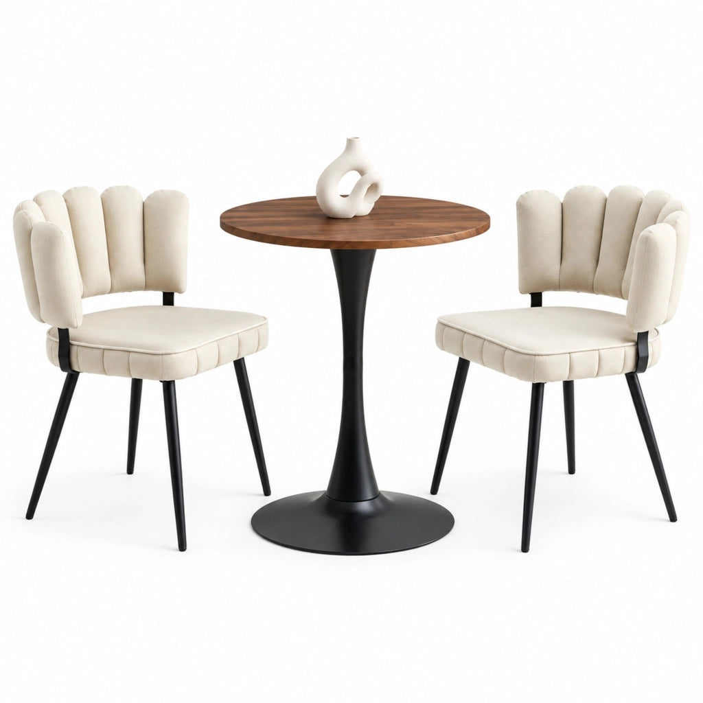 Set tavolo e 2 sedie 60 cm noce e nero; MDF e velluto - schienale a petalo