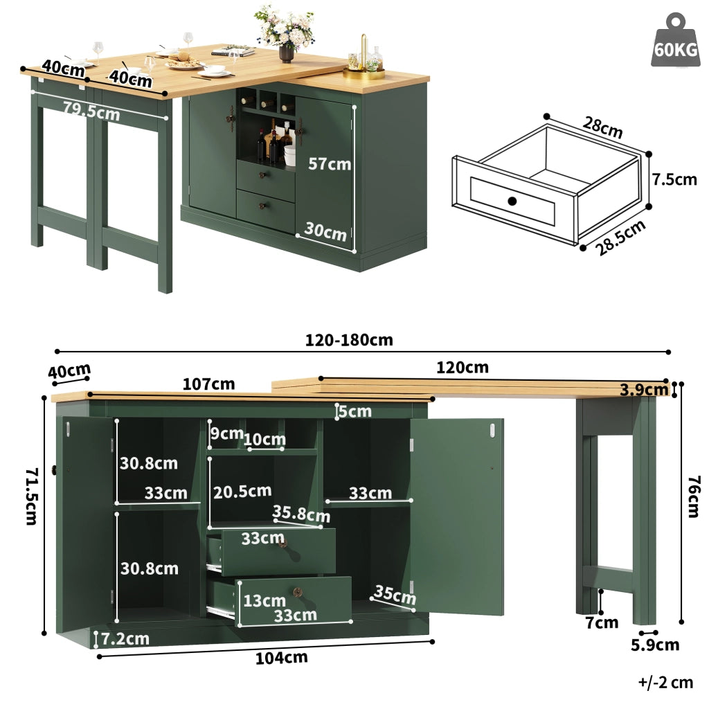 Tavolo allungabile con vani e portabottiglie - per soggiorno e cucina - in MDF - verde