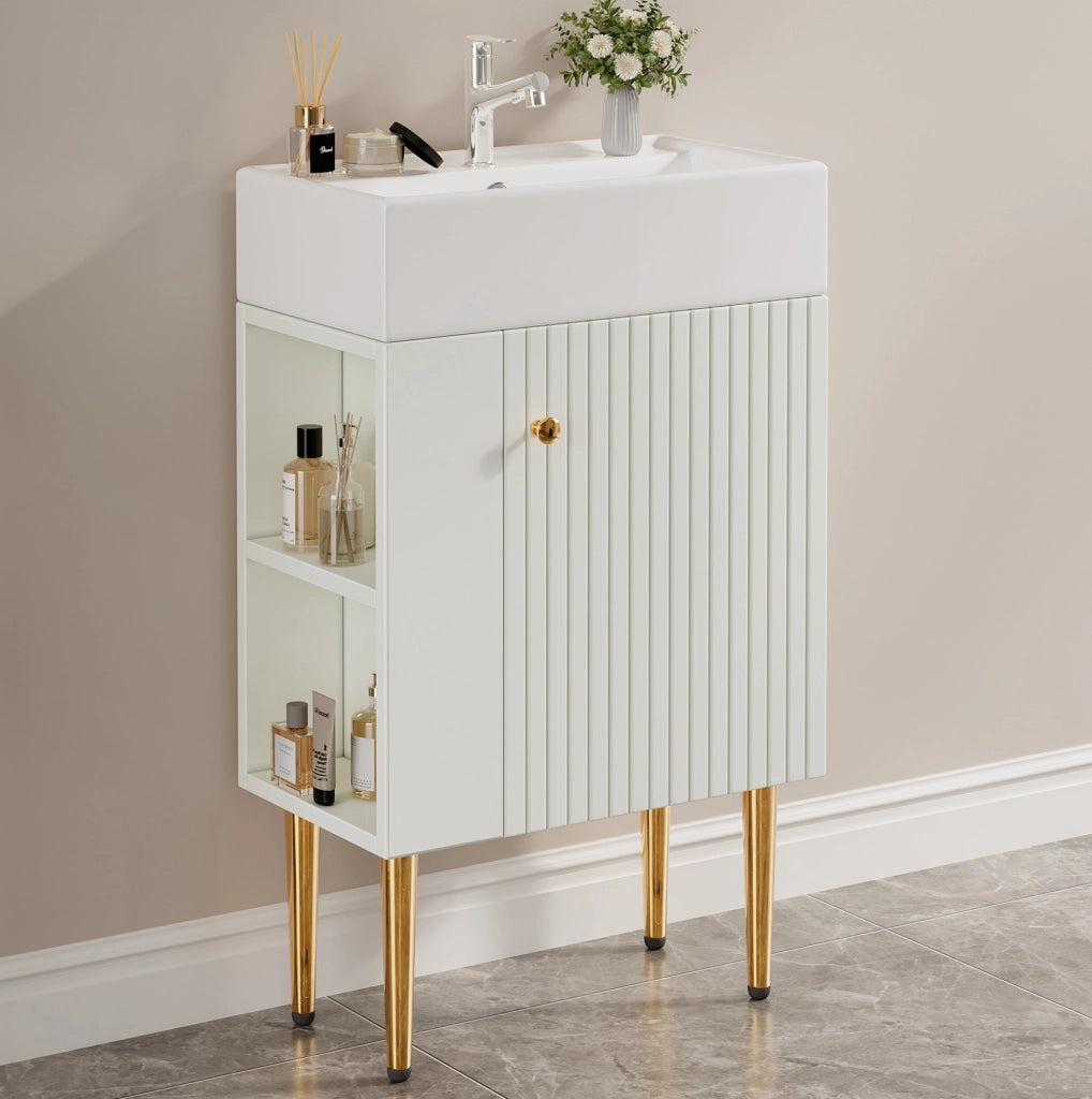 Mobile bagno compatto bianco con lavabo in ceramica lucida da 55 cm