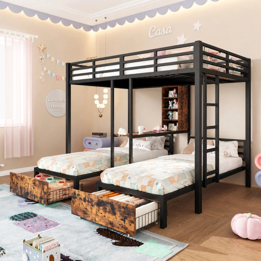Letto a castello triplo, 140x200 e 90x200, con sponde e vani contenitore, metallo e MDF, nero