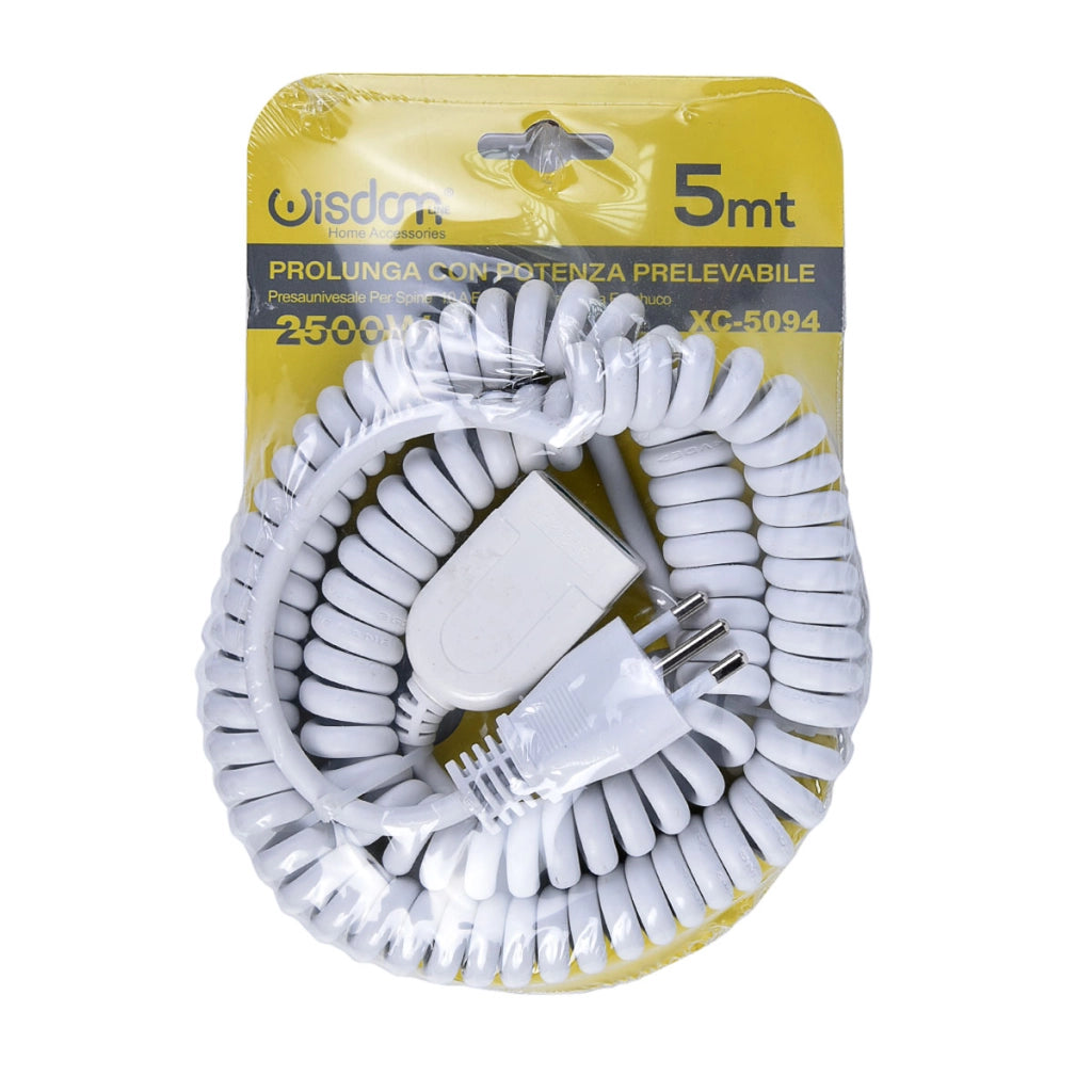 PROLUNGA ELETTRICA BIPASSO ESTENDIBILE 10A CON SPINA E PRESA 2P+T - LUNGHEZZA REGOLABILE DA 1,2 A 5 METRI SICURA FLESSIBILE E SALVASPAZIO