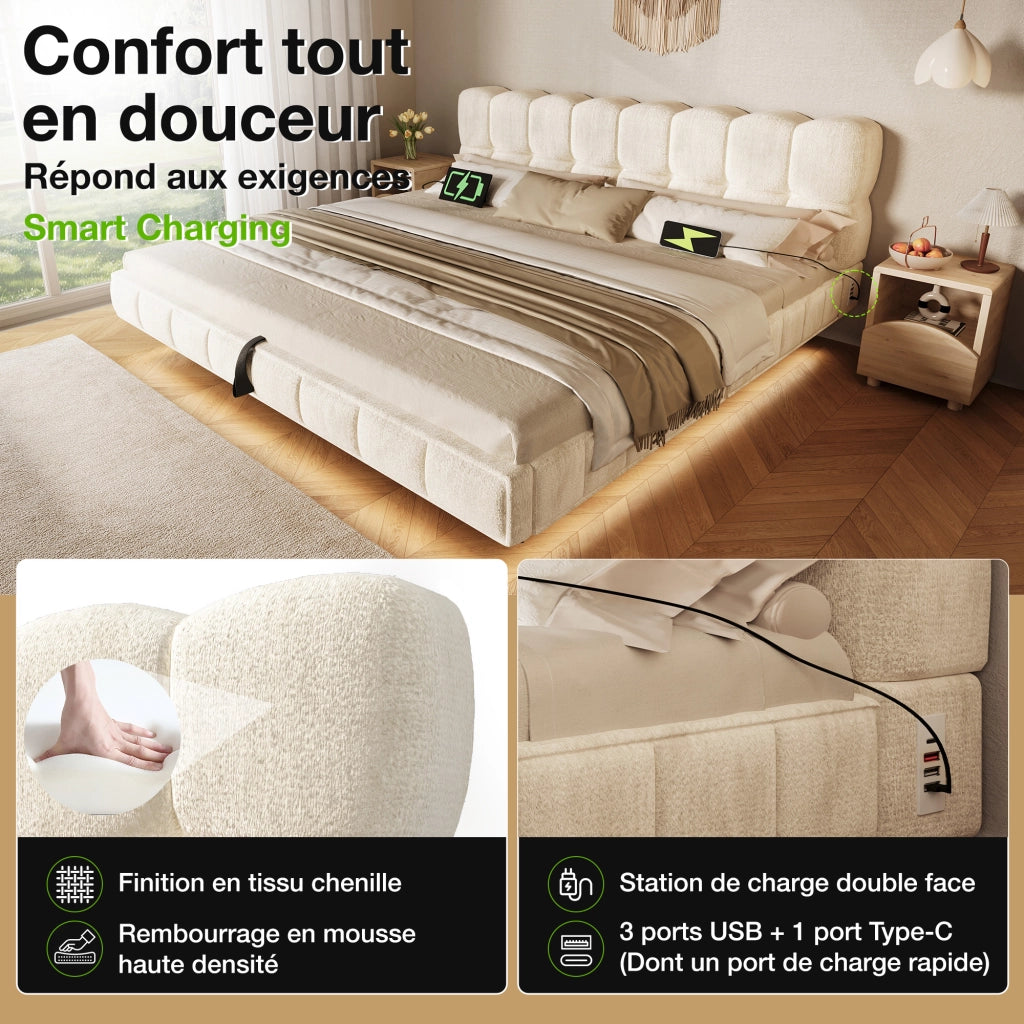 Letto contenitore 180 × 200 cm con LED e porte USB e Type-C rivestito in ciniglia beige con rete a doghe