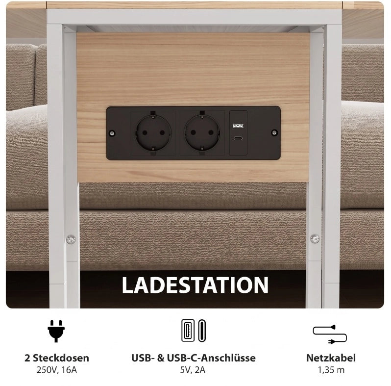 Tavolino pieghevole con stazione di ricarica USB, struttura in metallo bianco, piano in laminato effetto legno 39 x 29 x 57 cm