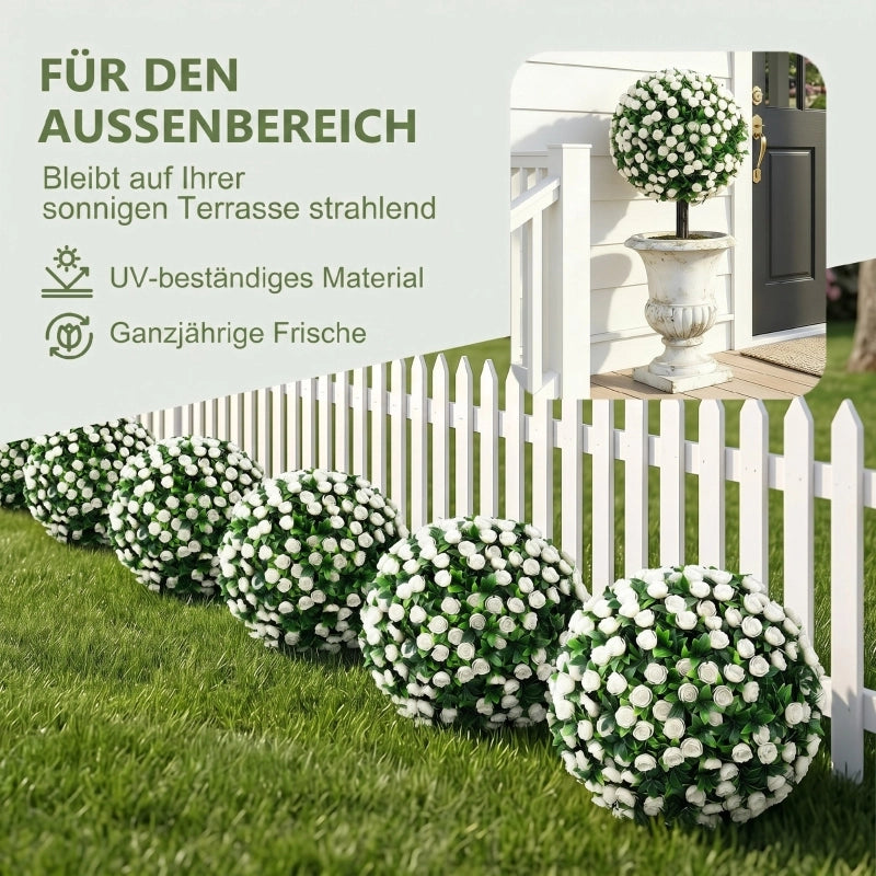 Albero artificiale di rose 2 pezzi con sfera da 30 cm e picchetto da terra in PE bianco resistente ai raggi UV