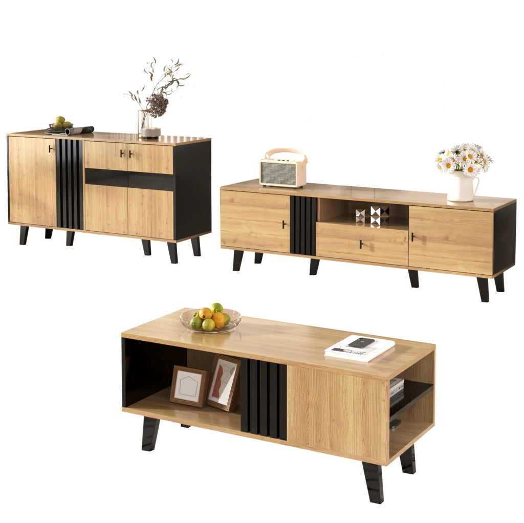 Sideboard 140x78,5x41 cm in legno e nero con LED e vetro