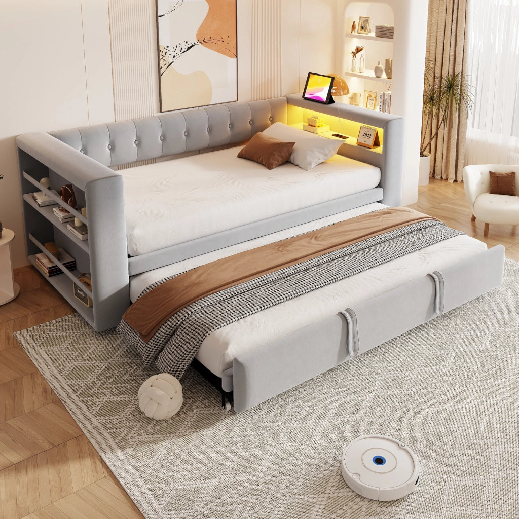 OKWISH Letto Divano 90×190 cm e 180×190 cm, Letto Singolo con LED Multicolore, Prese e Contenitori, senza Materasso, Grigio Chiaro