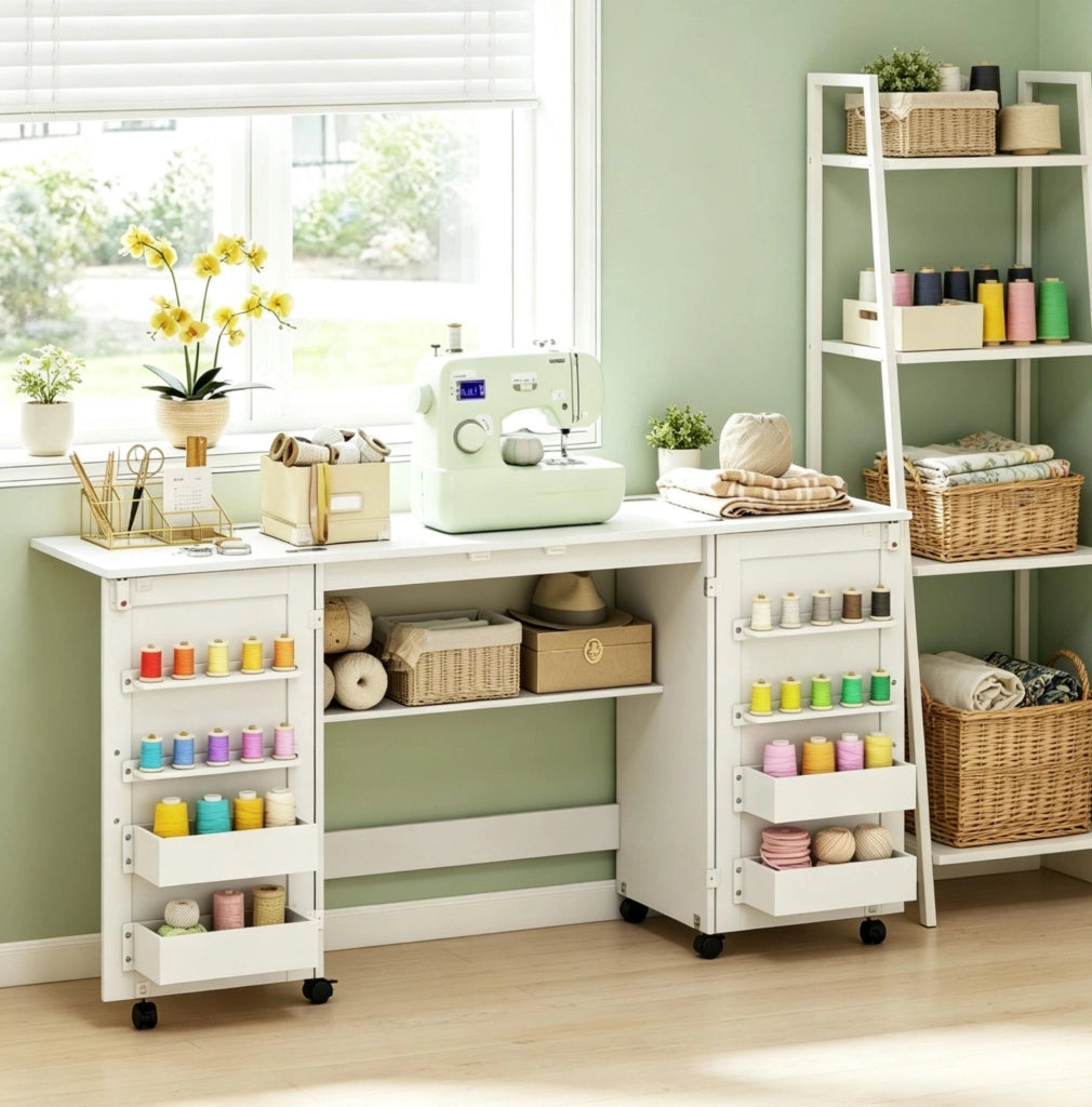 Tavolo da cucito pieghevole bianco con ruote, 2 ante magnetiche, 4 contenitori e 20 ganci, tavolo multifunzione 160x40 cm