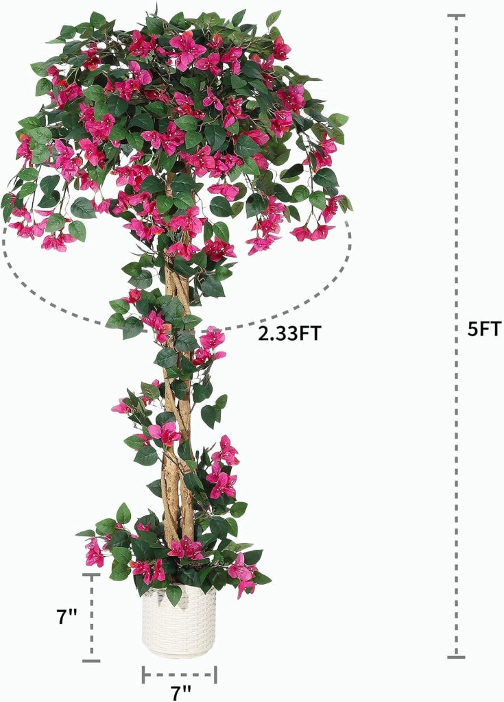 Bougainvillea Artificiale in Seta con Tronco in Legno Resistente UV e Vaso Bianco