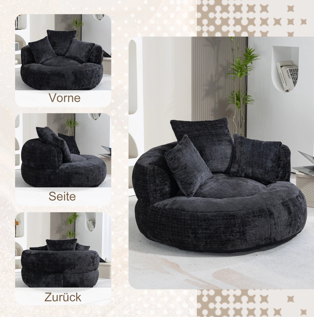 Poltrona sacco singola in ciniglia nera con schienale alto e braccioli; 108 × 108 × 52 cm