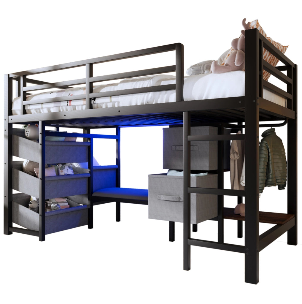 Letto a mezza altezza 90x200 cm con LED multicolore e contenitori in metallo nero