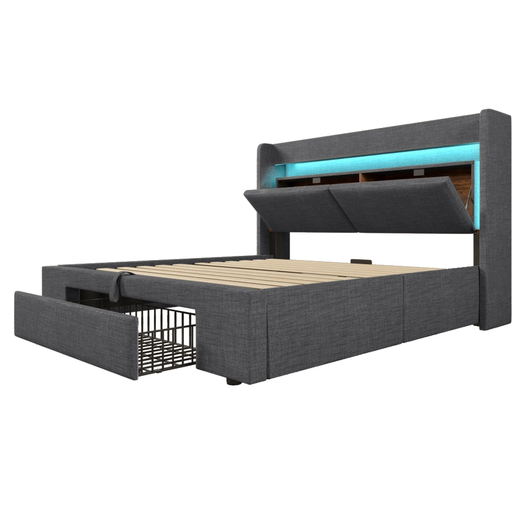 Letto imbottito 140x200 cm con contenitore idraulico; testiera LED; USB e USB-C; grigio