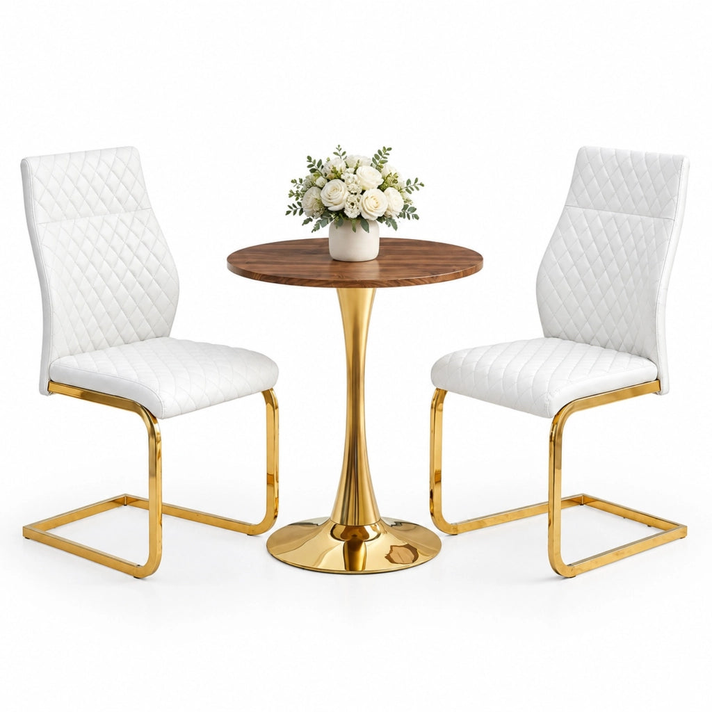 Set tavolo rotondo 60 cm noce in MDF; 2 sedie bianche in PU