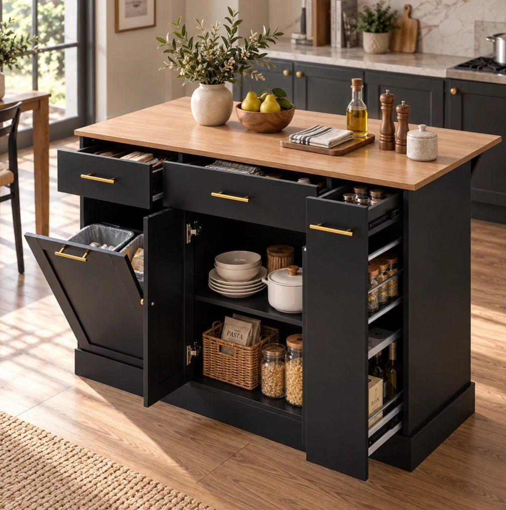 Isola da cucina con piano pieghevole 120 cm, armadietto nero con spazio per pattumiera, ripiano laterale estraibile e 3 cassetti
