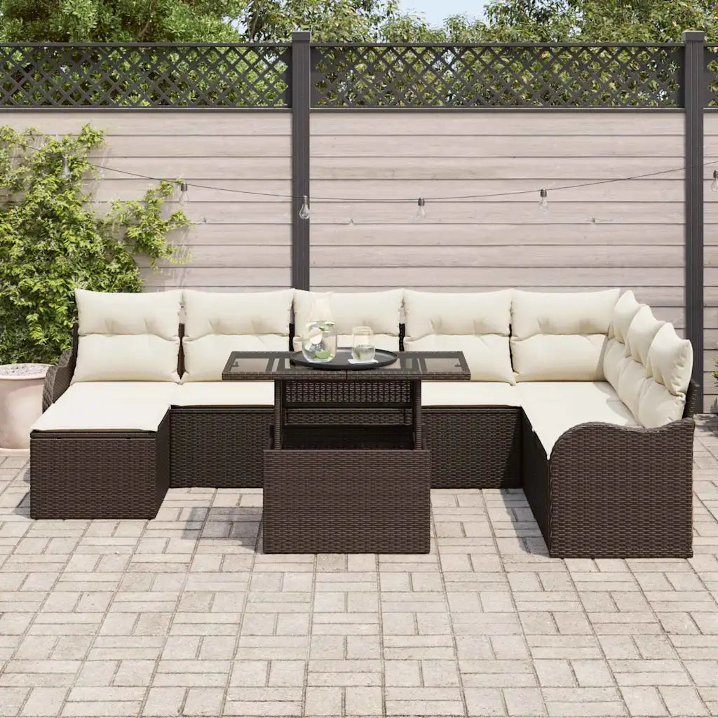 Set Divano da Giardino con cuscino 9 pcs Marrone Poly Rattan