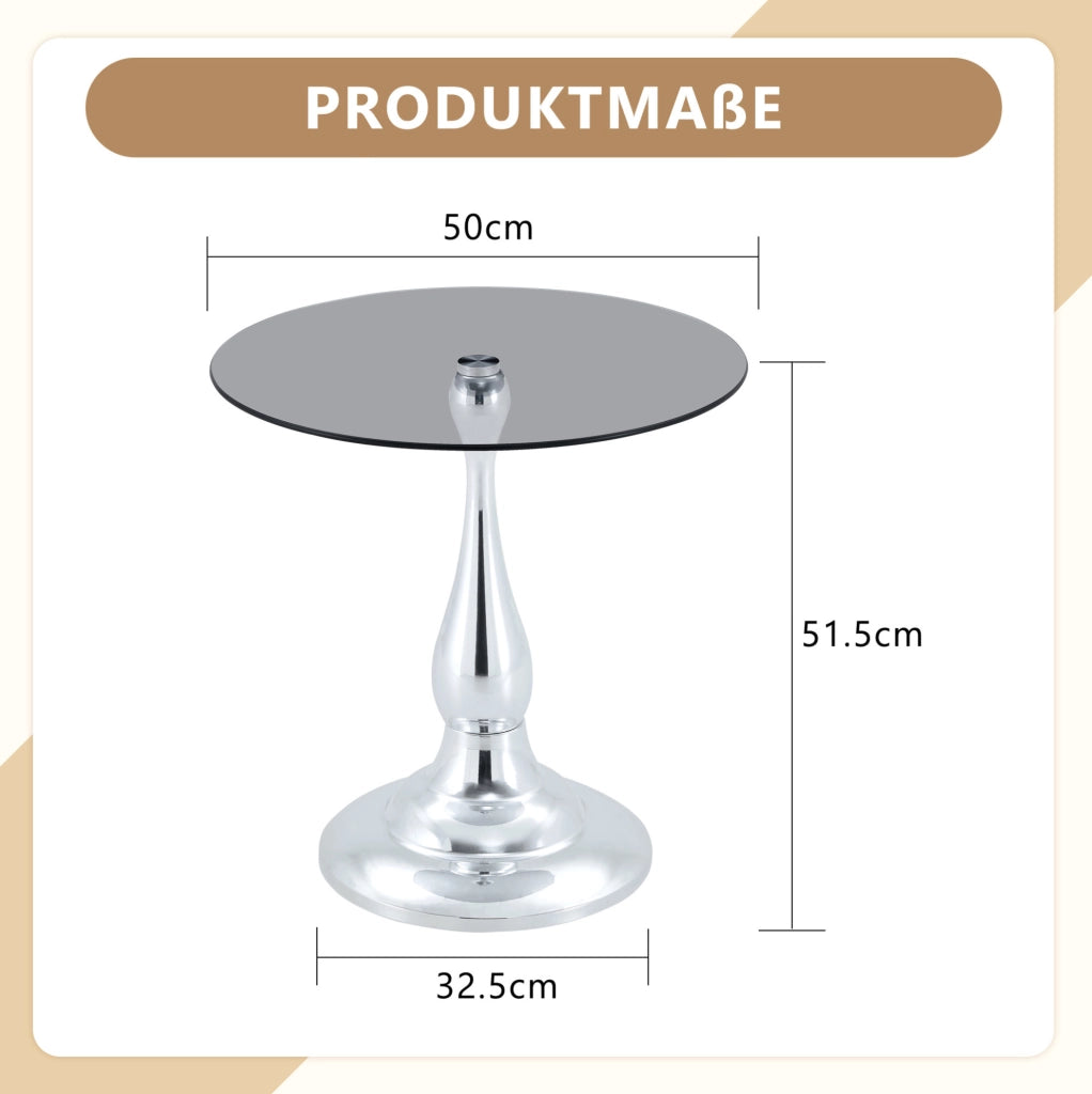 Tavolino laterale rotondo ULEVR ?50 cm in vetro temperato e metallo, altezza 51,5 cm, base antiscivolo argento