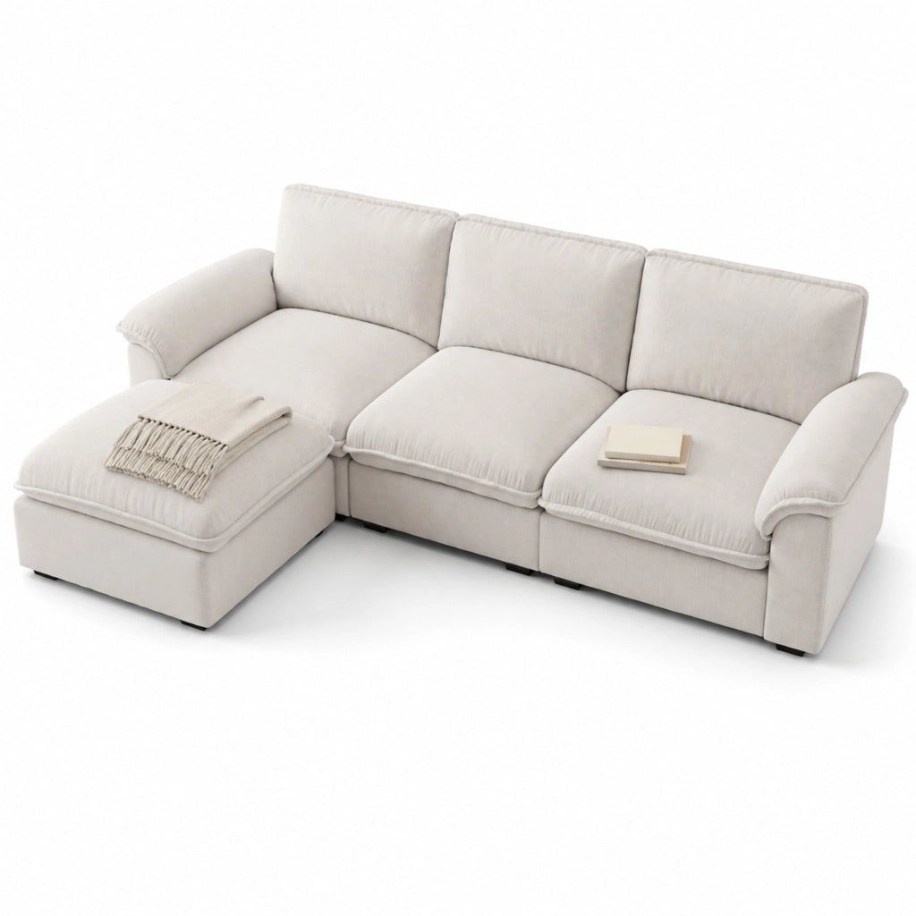 Divano modulare a L Cloud in tessuto chenille beige, 4 posti con pouf e braccioli