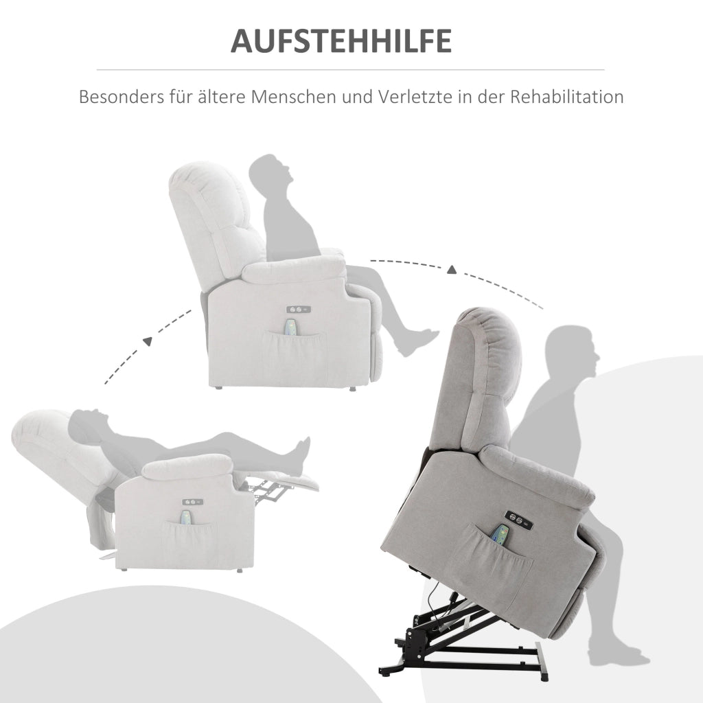 Poltrona relax rialzabile con alzata assistita schienale reclinabile a 160° USB e tasca laterale in poliestere grigio