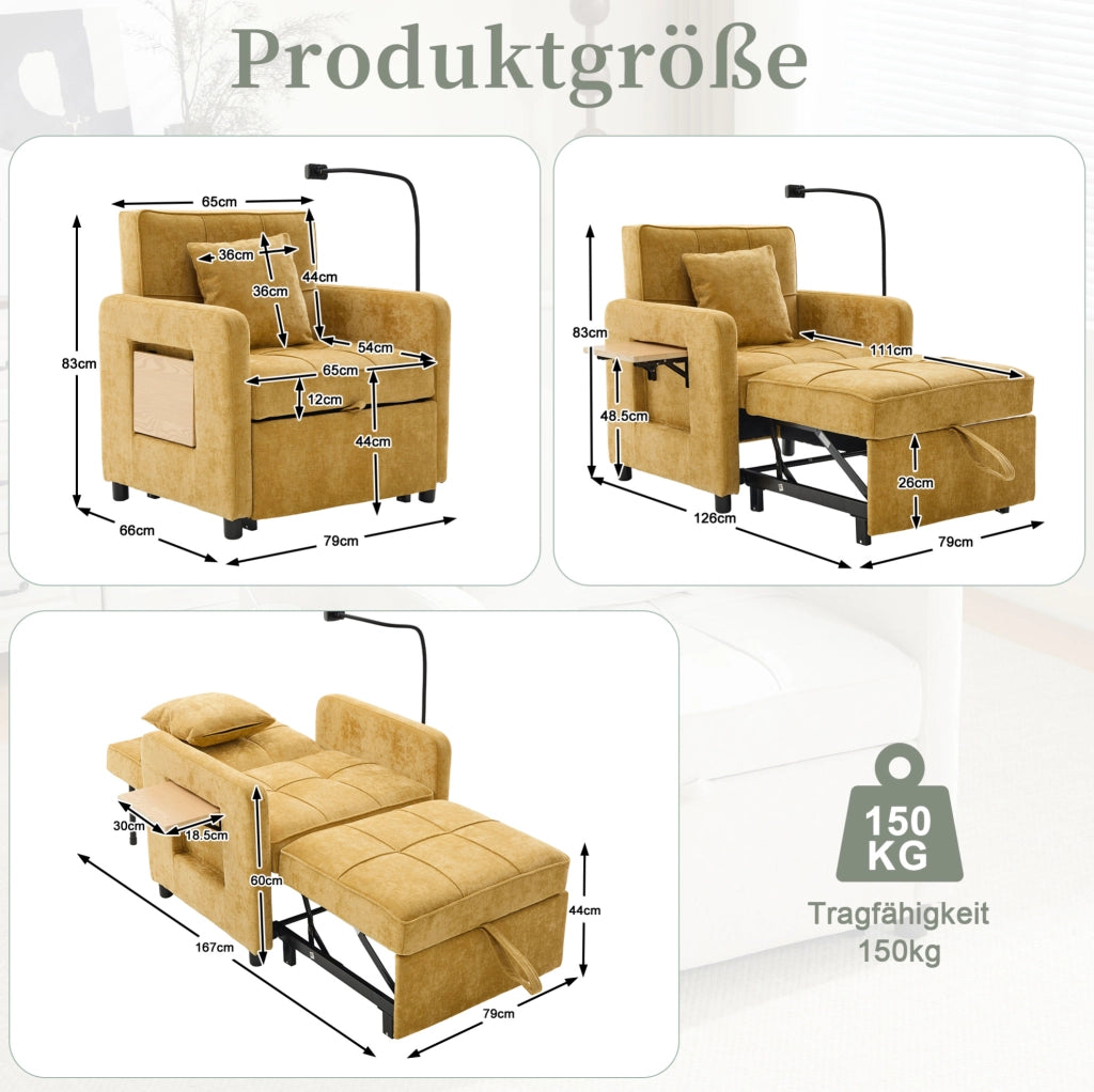 Poltrona letto 2-in-1 in chenille senape con tavolino e tasche laterali
