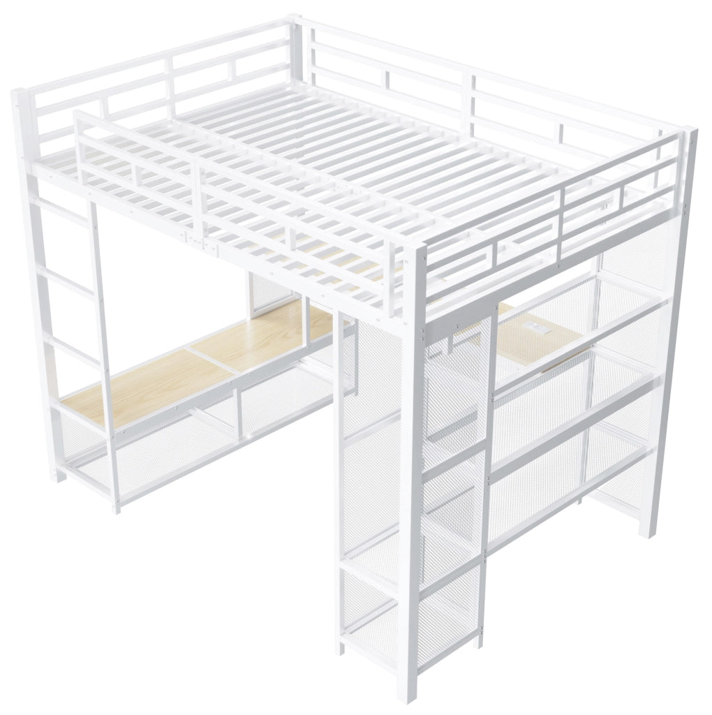 Letto a soppalco 140x200 cm con scrivania e LED in metallo e MDF bianco