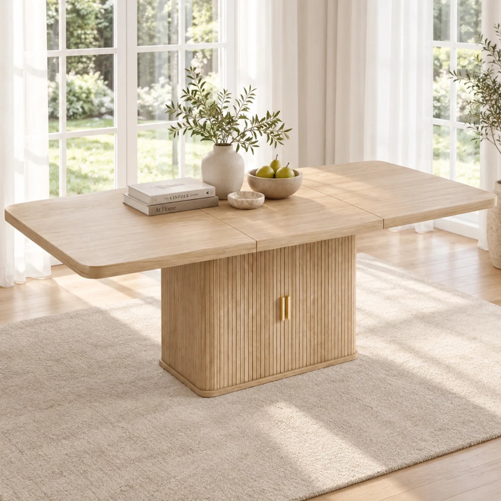 Tavolo da pranzo allungabile stile scandinavo, colore quercia, 150/200x90 cm, piano spesso con vano portaoggetti, per 6-8 persone