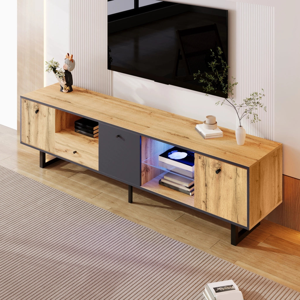Mobile TV basso moderno con LED, ante con cerniere ammortizzate, 3 ante, 3 scomparti e 1 cassetto