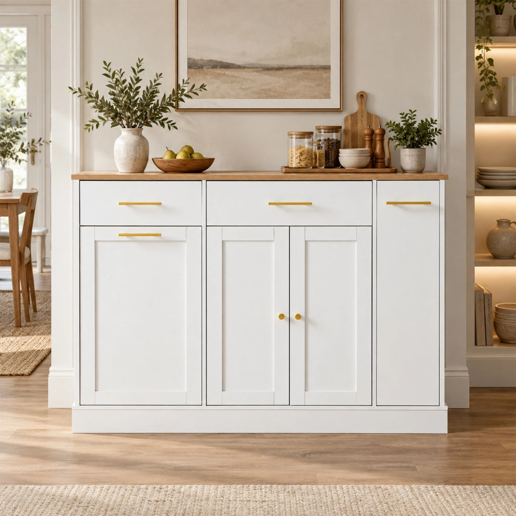 Mobile contenitore da cucina con piano pieghevole, vano pattumiera, 2 cassetti e ripiano estraibile, bianco e naturale