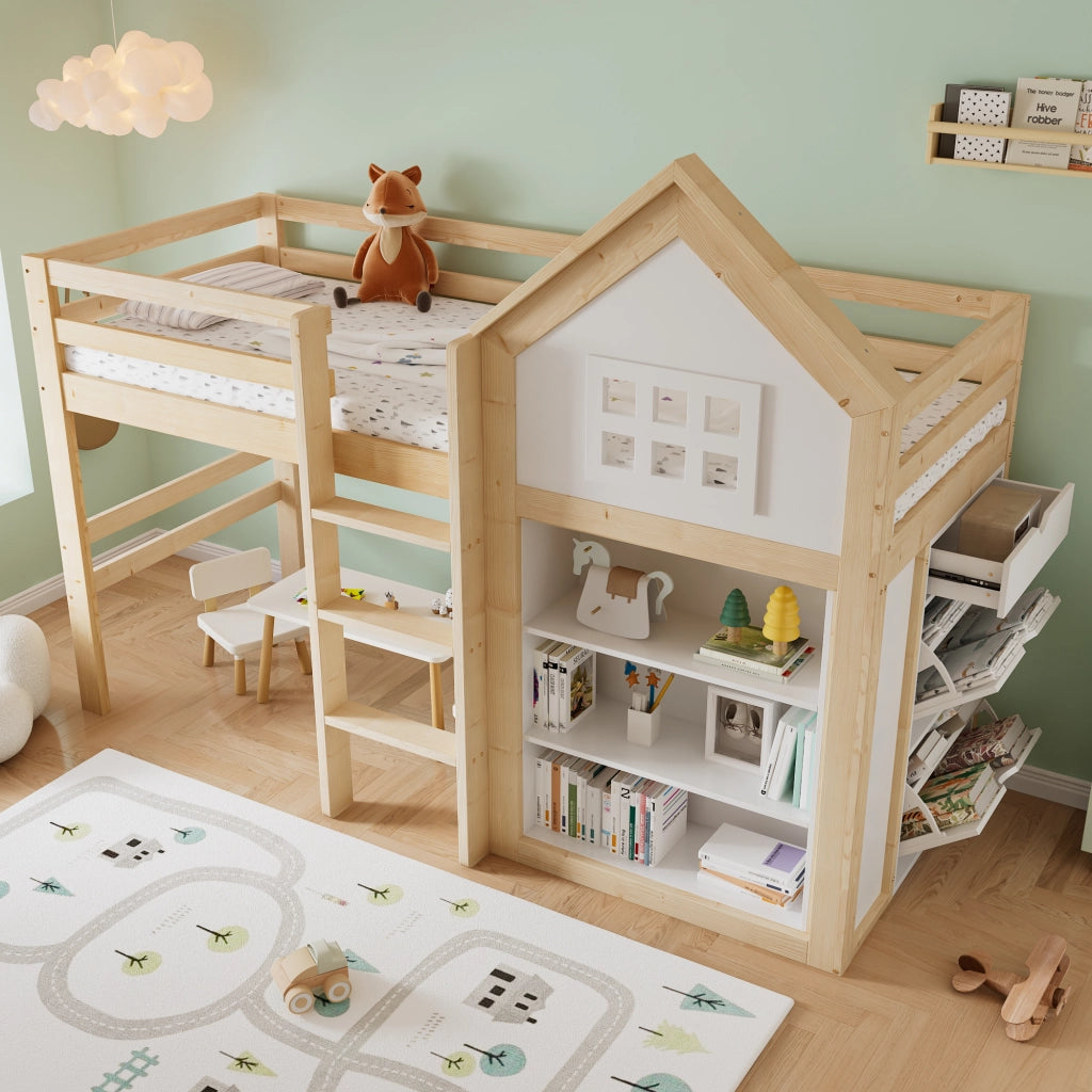 Letto a soppalco per bambini 90x200 cm a casetta; pino e MDF; bianco e legno naturale; cassetti e protezioni