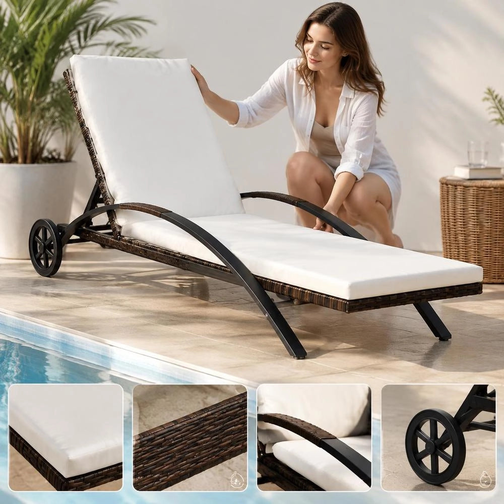 Sun Lounger With Cushion & Wheels, Poly Rattan, Brown