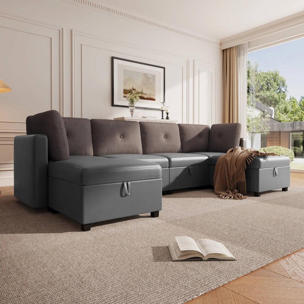 Divano modulare a U 6 posti 261 cm trasformabile in L e letto; velluto grigio antico