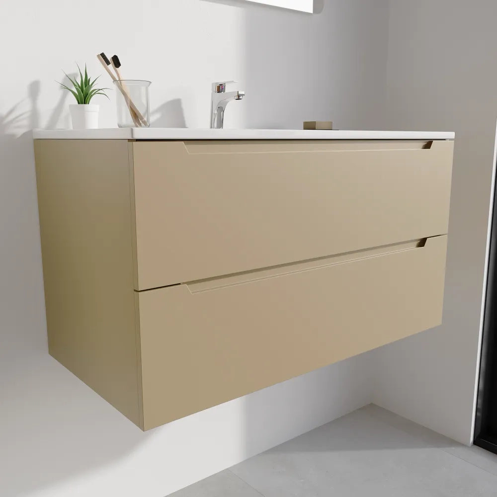 Mobile bagno sospeso 100cm sabbia opaco due cassetti soft-close con lavabo bianco lucido | Bako