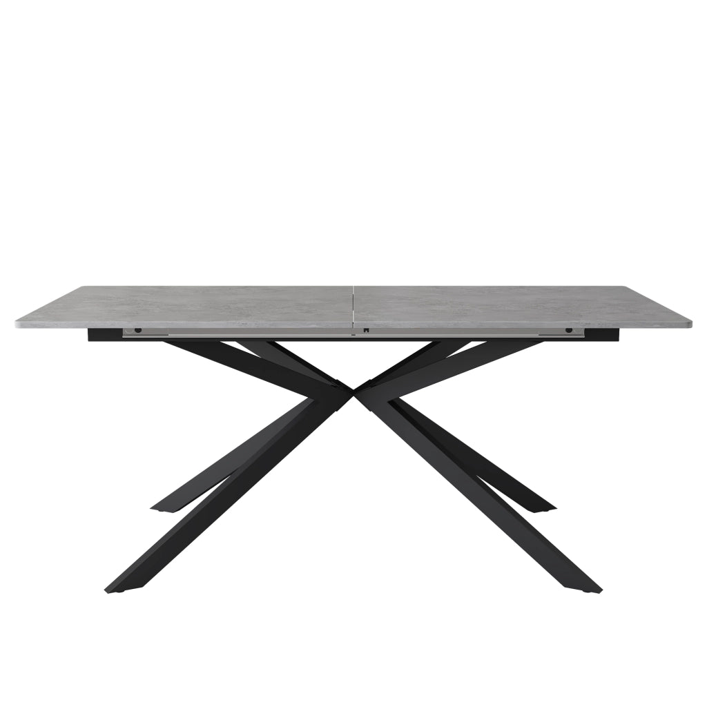 Tavolo da pranzo allungabile in MDF nero e grigio con gambe incrociate, versatile e moderno